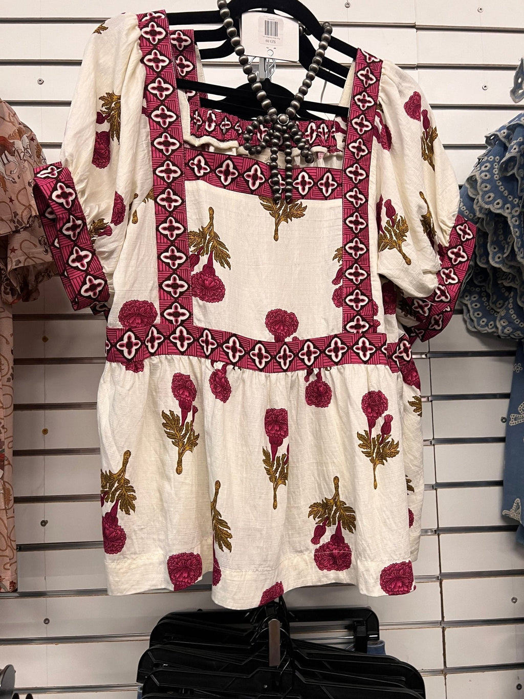 Umgee "Prairie Marigold" Western Boho Blouse — Embroidered Contrast Trim with Square Neck & Puff Sleeves (Red & Olive Floral) Cowhide and Conchos