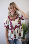 Umgee "Prairie Marigold" Western Boho Blouse — Embroidered Contrast Trim with Square Neck & Puff Sleeves (Red & Olive Floral) Cowhide and Conchos