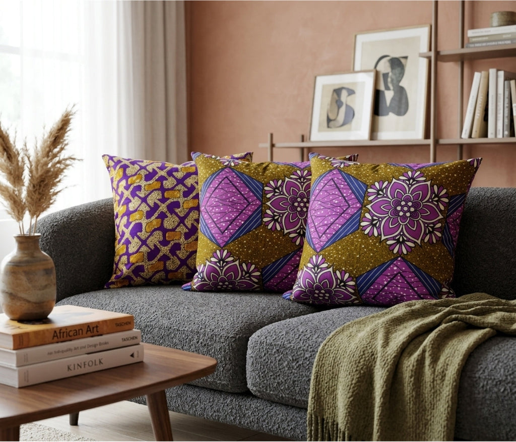 African Fabric Pillow Cover - Purple Olive Green Navy Reflektion Design