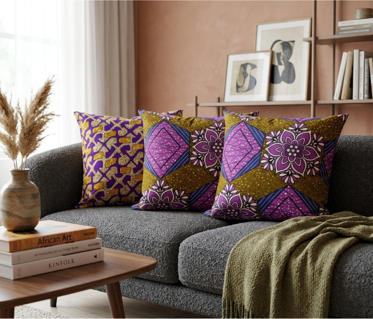 African Fabric Pillow Cover - Purple Olive Green Navy Reflektion Design
