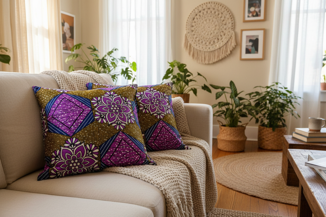 African Fabric Pillow Cover - Purple Olive Green Navy Reflektion Design