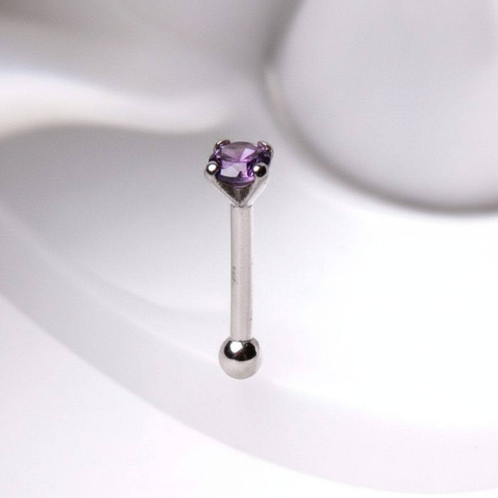 14Kt White Gold Stud Nose Ring with Prong Setting Gem Fashion Hut Jewelry