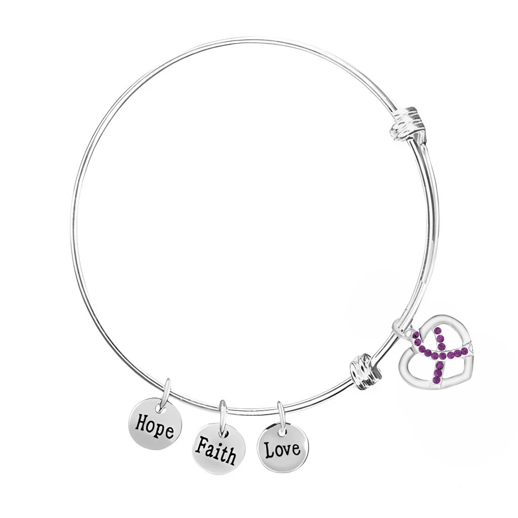 Purple Ribbon Crystal Heart Charm Retractable Bracelets The Awareness Company
