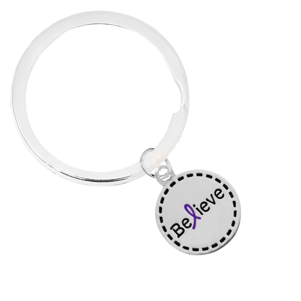 Purple Ribbon Round Believe Split Style Keychains The Awareness Company