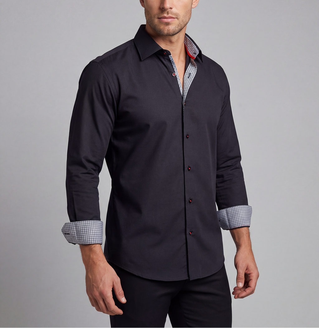 Donny// Cotton Knit-Stretch Button-Up Shirt With Contrast Details // Black // Tailored Fit (Fitted) LEVINAS® Official