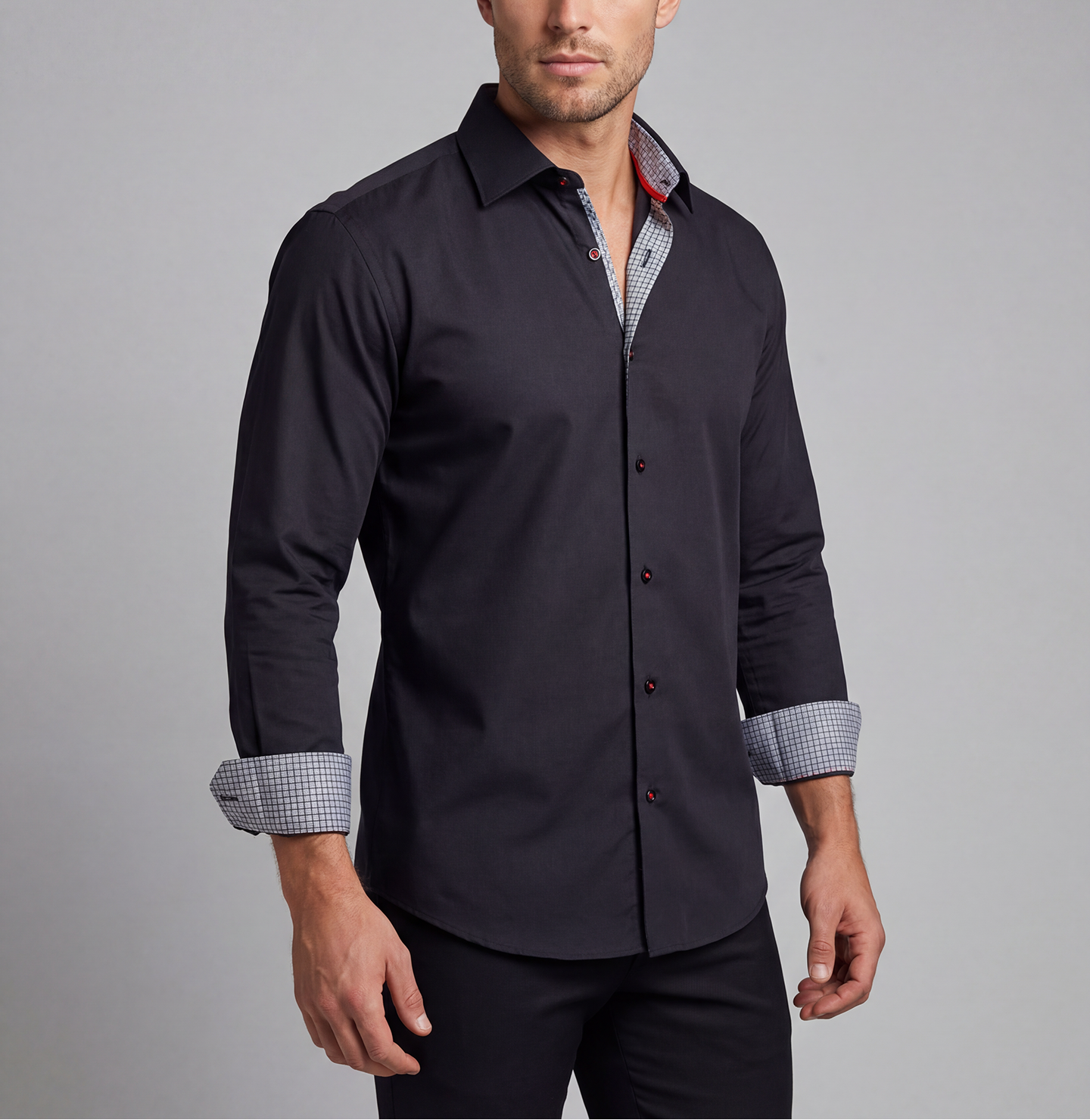 Donny// Cotton Knit-Stretch Button-Up Shirt With Contrast Details // Black // Tailored Fit (Fitted) LEVINAS® Official
