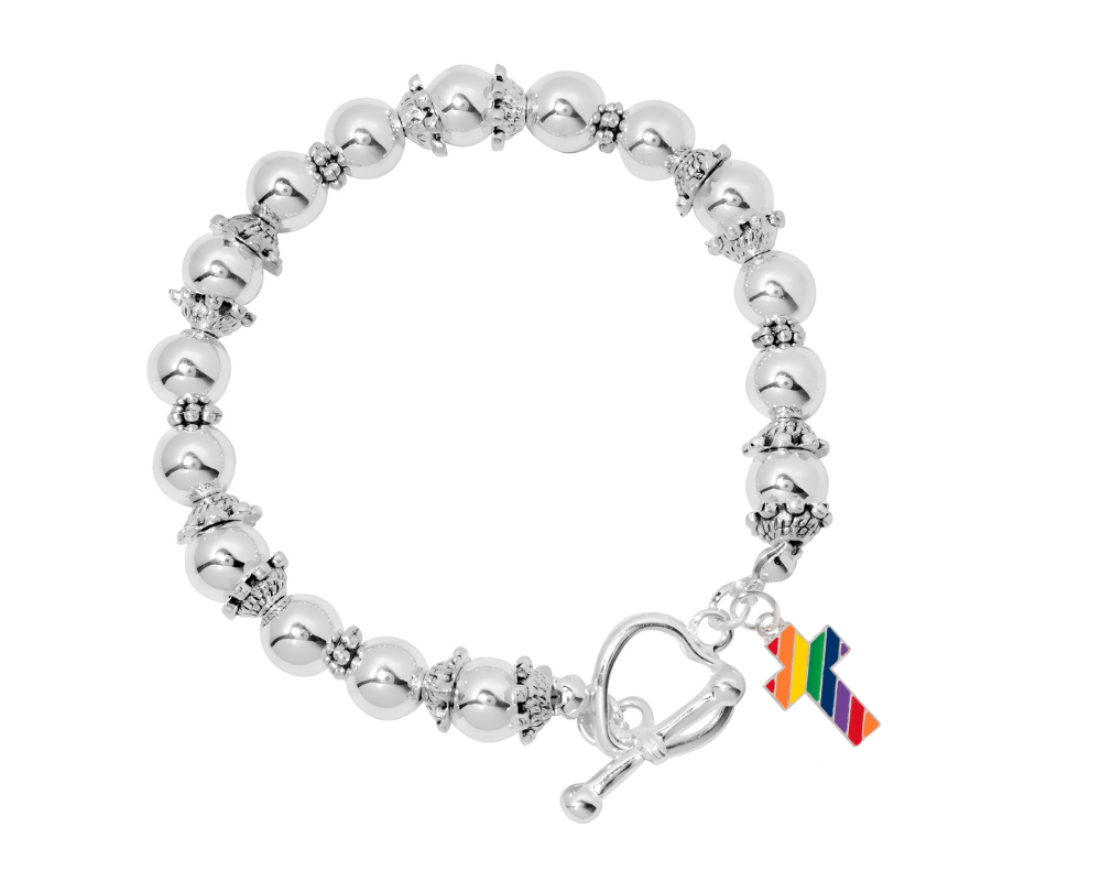 Rainbow Flag Cross Silver Beaded Bracelets The Awareness Company
