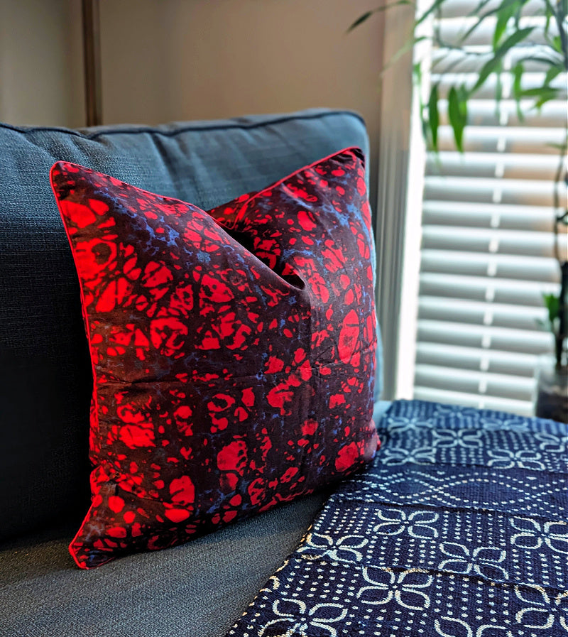 African Print Fabric Pillow Cover - Red Blue Marble Reflektion Design