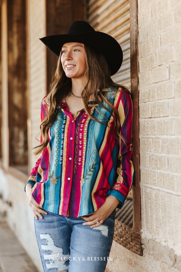 LUCKY & BLESSED Serape Pearl Snap Embroidered Western Top — Red & Turquoise Multi-Color Stripe Cowgirl Statement Cowhide and Conchos