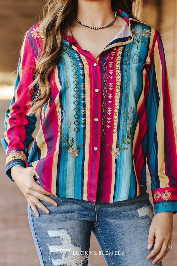 LUCKY & BLESSED Serape Pearl Snap Embroidered Western Top — Red & Turquoise Multi-Color Stripe Cowgirl Statement Cowhide and Conchos