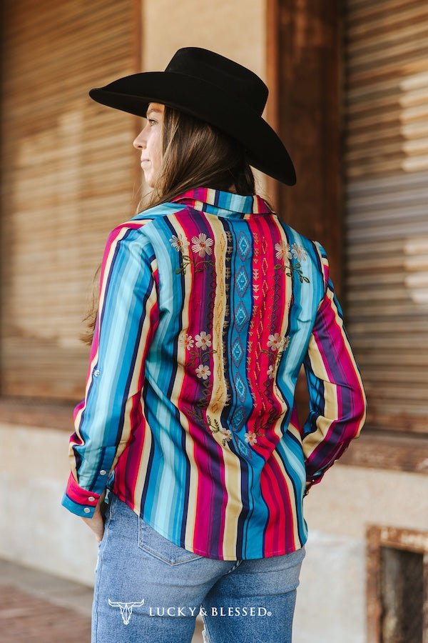 LUCKY & BLESSED Serape Pearl Snap Embroidered Western Top — Red & Turquoise Multi-Color Stripe Cowgirl Statement Cowhide and Conchos