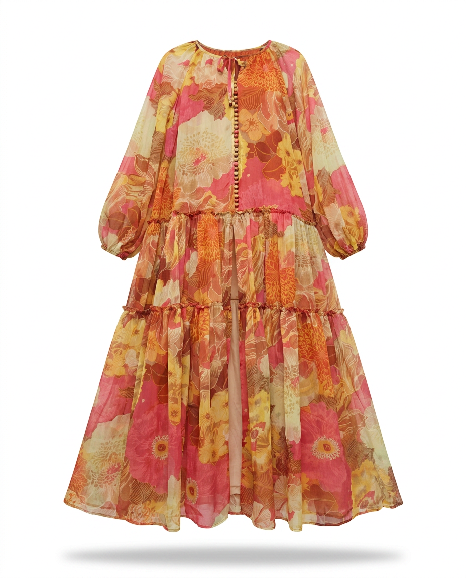 Wanderlust Chiffon Tiered Maxi Dress Boho Brown