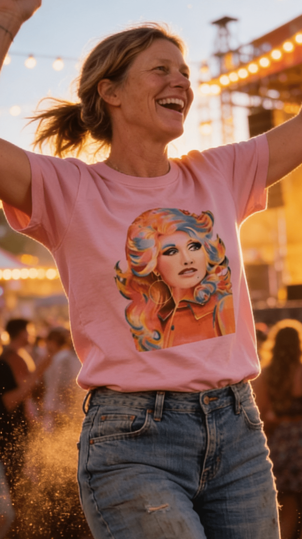 1/2 Penny "Dolly" Country Queen Western Graphic Tee — Vibrant Pop-Art Style on Petal Pink Cotton-Poly Cowhide and Conchos