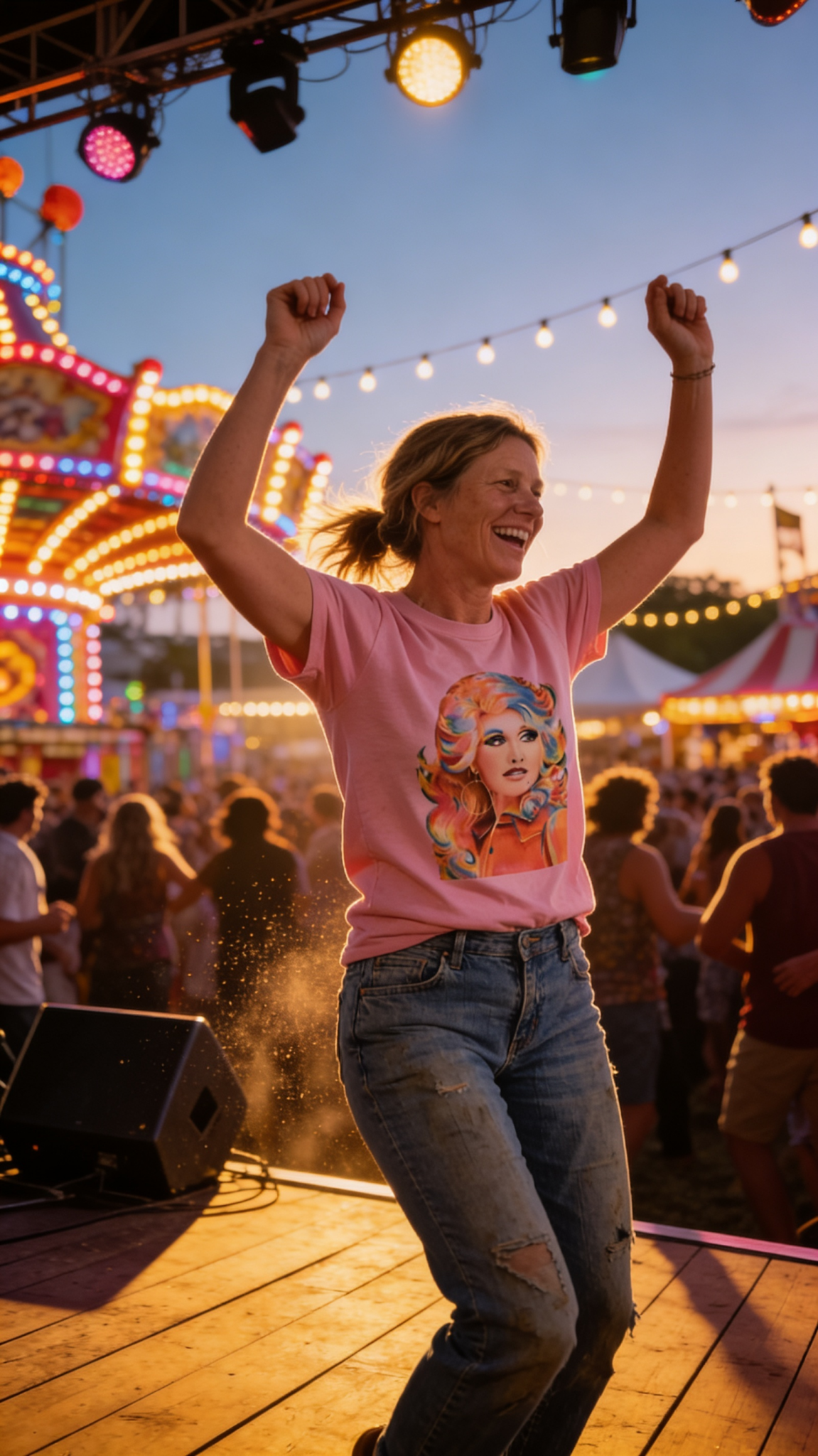 1/2 Penny "Dolly" Country Queen Western Graphic Tee — Vibrant Pop-Art Style on Petal Pink Cotton-Poly Cowhide and Conchos