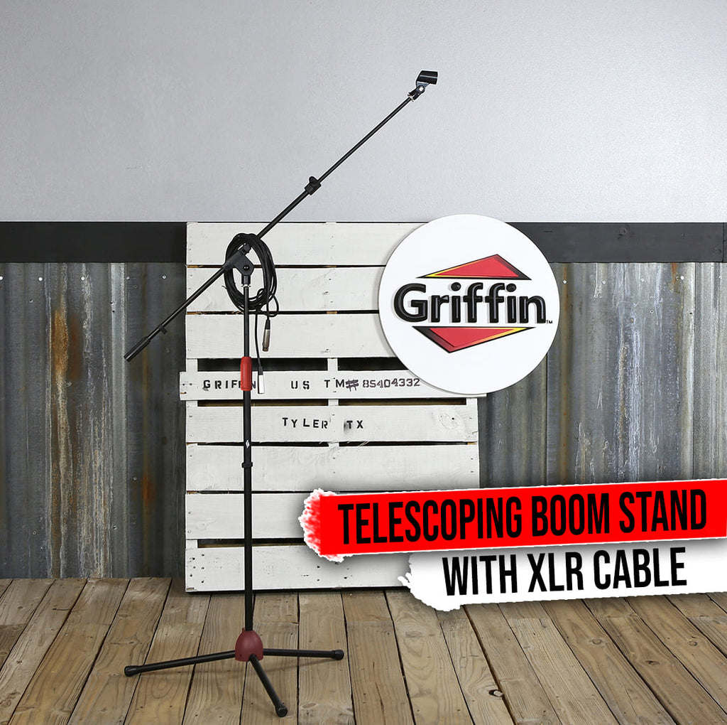 Microphone Stand with Telescoping Boom, XLR Cable and Mic Clip Package by GRIFFIN | Tripod Premium Quality for Studio, Karaoke, Live Performances, Studio, Conferences | 20 ft Pro Audio Mic Cord Patch GeekStands.com