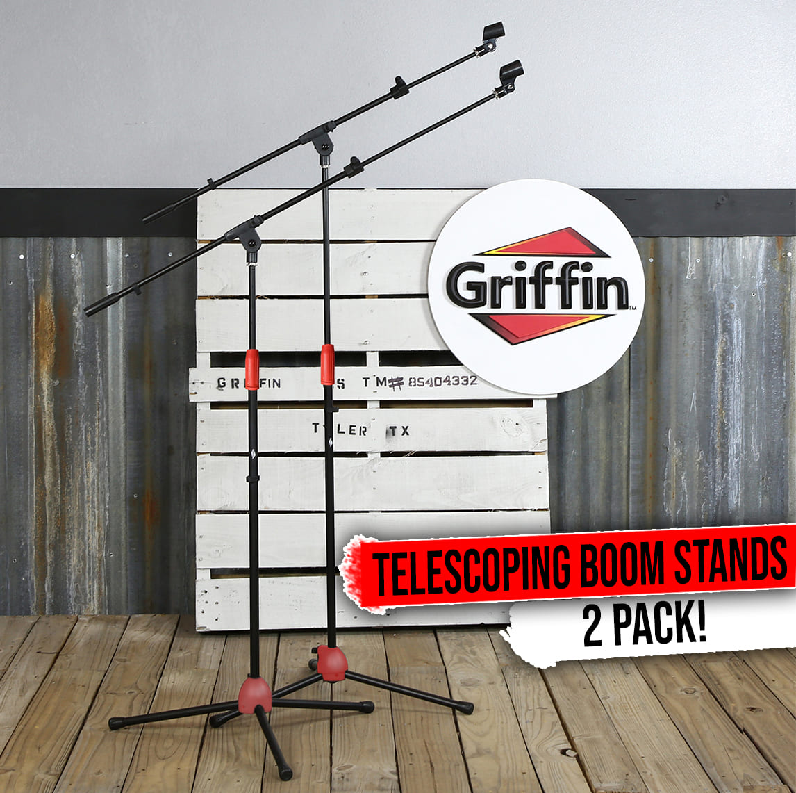 Microphone Stand (Pack of 2) with Boom Arm by GRIFFIN | Mic Clip Adapter Tripod Folding Legs & Telescoping | Adjustable Holder Mount For Studio Recording Accessories, Singing Vocal Karaoke, Live Stage GeekStands.com