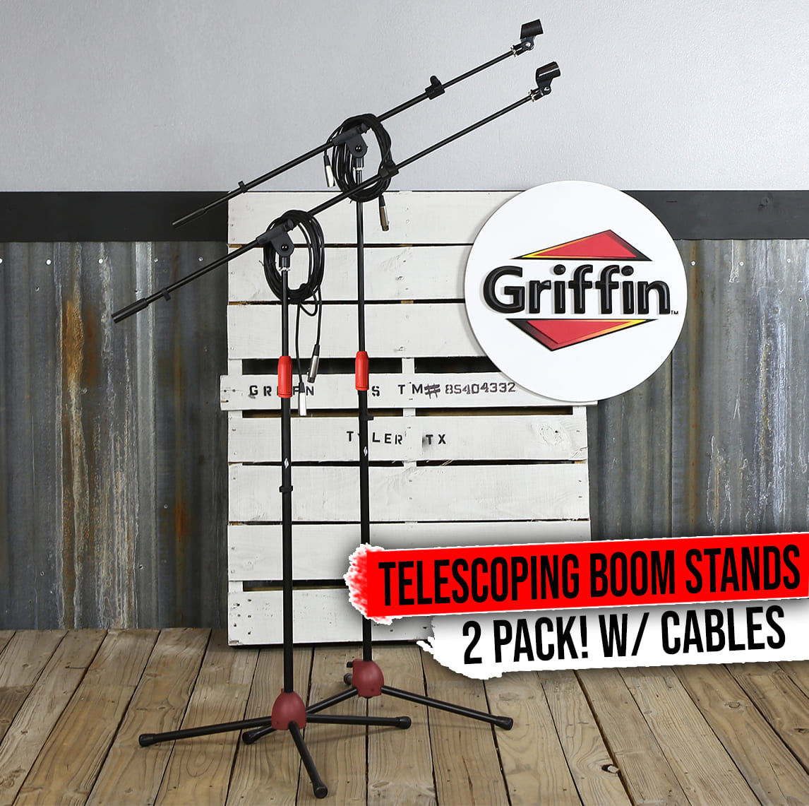 GRIFFIN Tripod Microphone Boom Stand (Pack of 2) with XLR Mic Cables & Clips | Telescoping Arm for Studio Recording Accessories, Singing Vocal Karaoke, Live Stage | 20ft Pro Audio Mic Cord Wire 3-Pin GeekStands.com