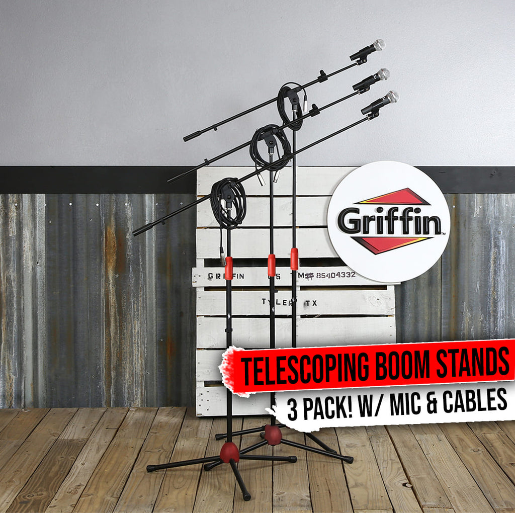 Microphone Boom Stand (Pack of 3) & Cardioid Wired Mic, XLR Cable, & Clip by Griffin | Telescoping Arm Holder, Tripod Legs | Karaoke Vocal Singing Microphone | Home Recording Studio Streaming GeekStands.com