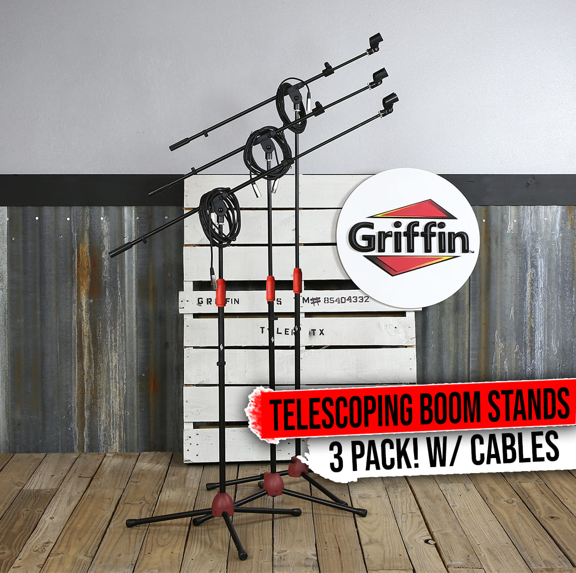 Microphone Boom Stand with XLR Mic Cable & Clip (Pack of 3) by GRIFFIN | Telescoping Arm Tripod Legs for Studio Recording Accessories, Singing Vocal Karaoke, Live Stage | 20ft Pro Audio Mic Cord Wire GeekStands.com