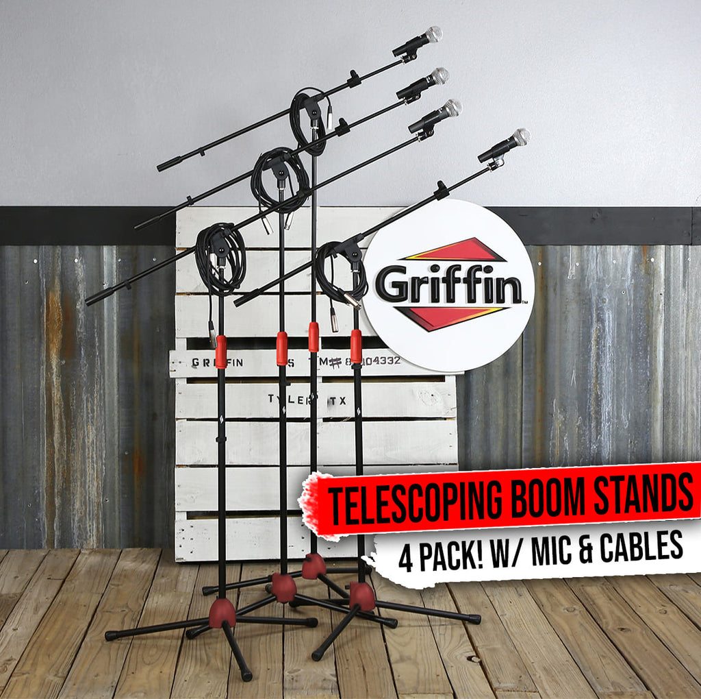 Microphone Stand with Telescoping Boom Arm, 20 Ft XLR Cable (Pack of 4) by GRIFFIN | Handheld Dynamic Mic & Clip  | DJ Pro-Audio Cardioid Singing Microphones for Home Studio Recording & Live Steaming GeekStands.com