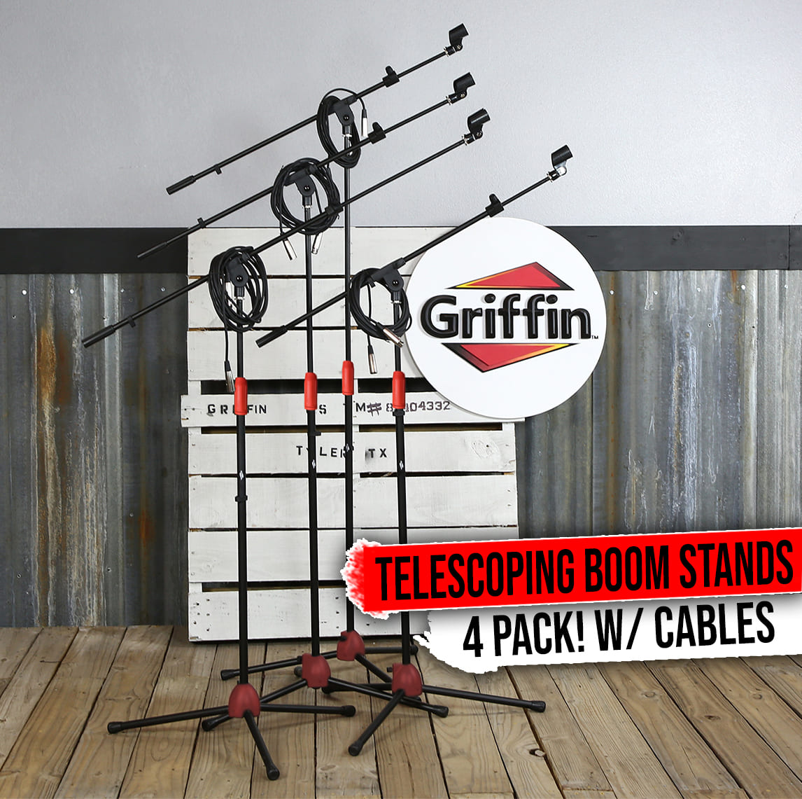Telescoping Tripod Microphone Boom Stand with XLR Mic Cable & Clip (Pack of 4) by GRIFFIN | Premium Quality for Studio, Karaoke, Recording Studio, Live Performances, Conferences | 20ft Microphone Cord GeekStands.com