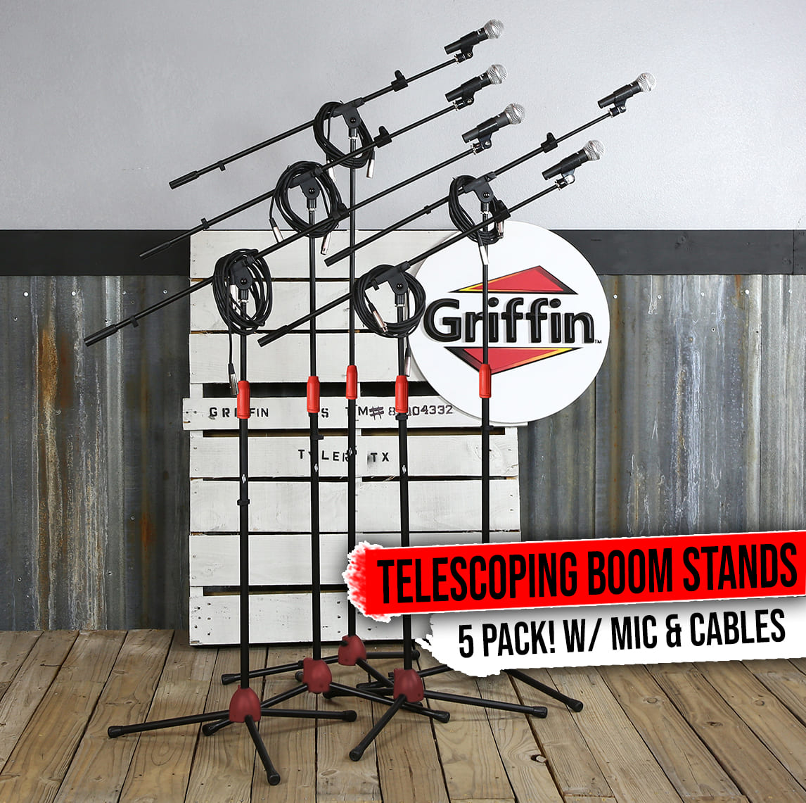 GRIFFIN Microphone Stand Package of 5 with Vocal Unidirectional Mics & XLR Cables | Handheld Cardioid Dynamic Microphones for Home Studio Recording, DJ Live Streaming & Stage Singing | 20FT XLR Cords GeekStands.com
