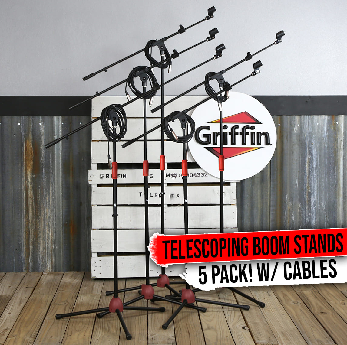 GRIFFIN Microphone Stand (Pack of 5) with XLR Cables & Mic Clip | Telescoping Boom Arm Tripod Legs for Studio Recording Accessories, Singing Vocal Karaoke, DJ Live Stage | 20ft Pro Audio Mic Cord Wire GeekStands.com