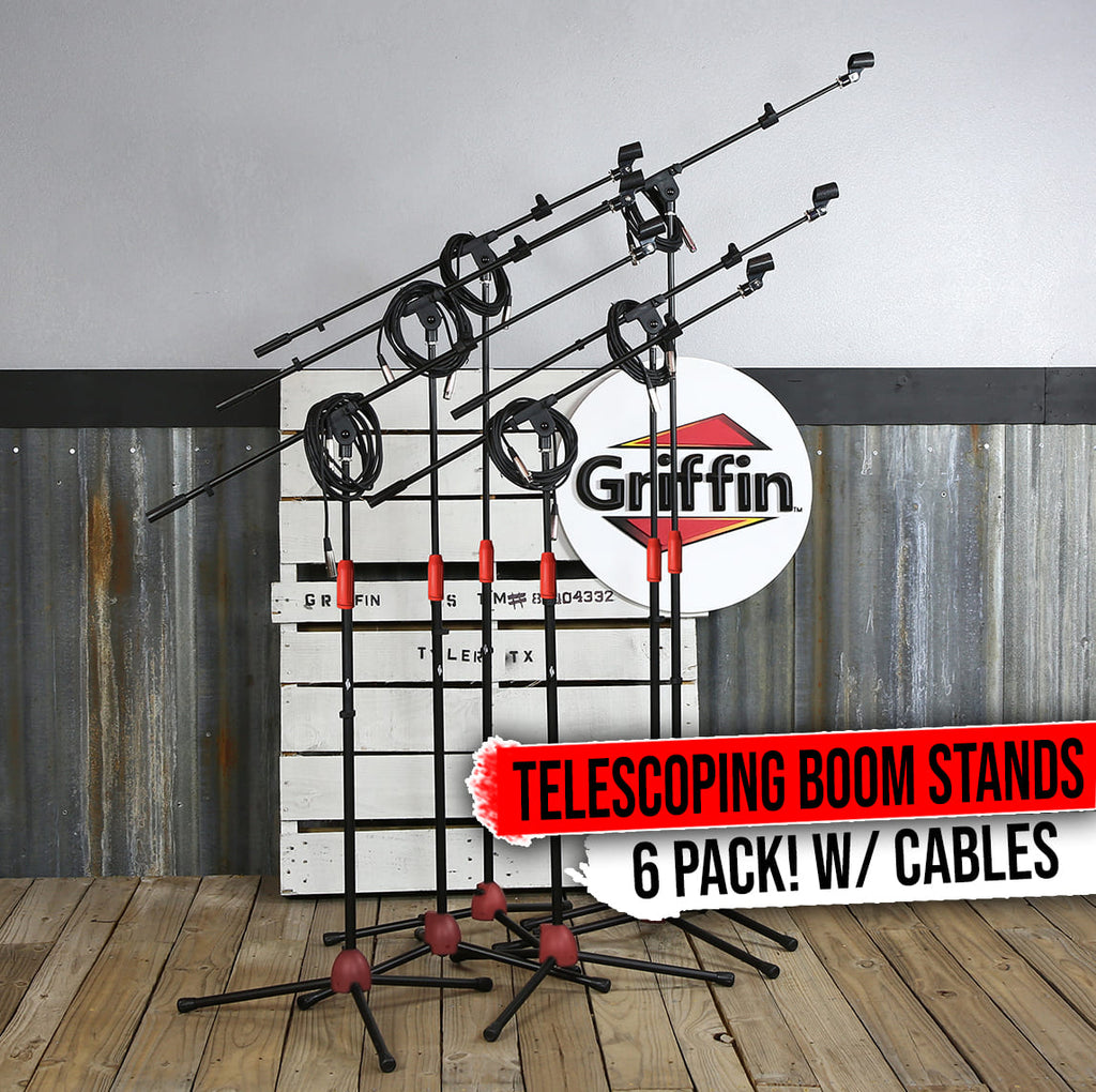 GRIFFIN Microphone Boom Stand (Pack of 6) with XLR Cables & Mic Clip | Telescopic Arm Tripod Legs for Studio Recording Accessories, Singing Vocal Karaoke, DJ Live | 20ft Pro Audio Mic Cord 24 AWG Wire GeekStands.com