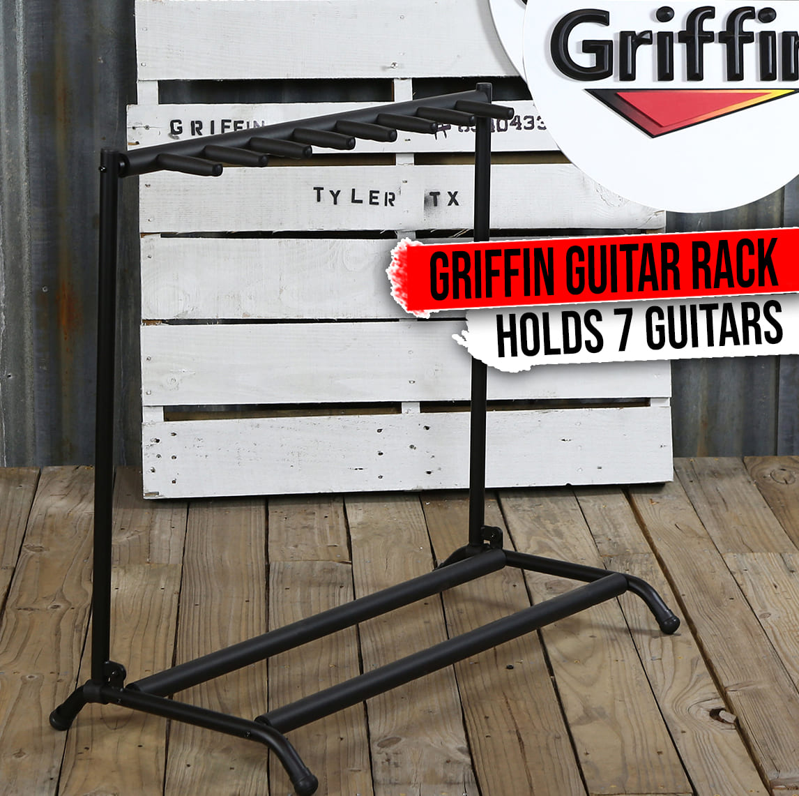 Seven Guitar Rack Stand by GRIFFIN | Floor Storage Holder for Multiple Guitars | Neck Mount Support For Electric, Acoustic Bass, Accessories | Recording Studios, Schools, Stage Performers, Wall Hanger GeekStands.com