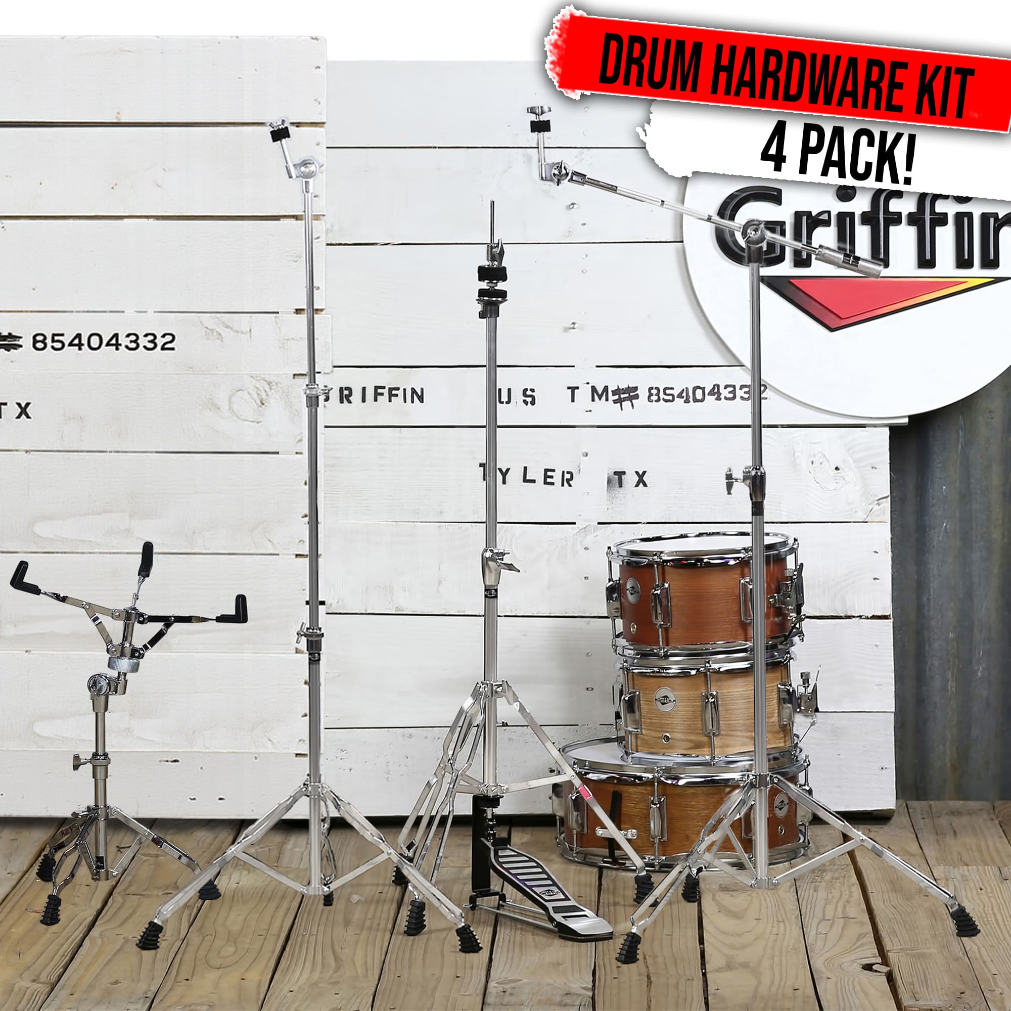 GRIFFIN Cymbal Stand Hardware Pack 4 Piece Set | Full Size Percussion Drum Hardware Kit with Snare Mount, Hi-Hat Pedal, Cymbal Boom, & Straight Cymbal Stand | Lightweight & Portable | Perfect for Gigs GeekStands.com
