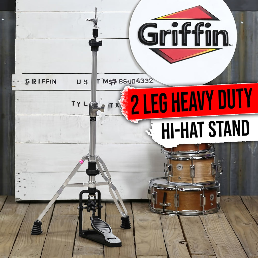 Premium 2 Leg Hi-Hat Stand by GRIFFIN | Heavy Duty Hihat Cymbal Foot Pedal with Drum Key | Folding Two Leg Style Converts to a No Leg High Hat Mount | Double Braced Chrome Percussion Hardware Mount GeekStands.com