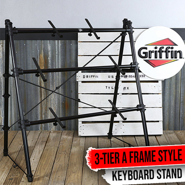 3 Tier Piano Keyboard Stand by GRIFFIN | Triple A-Frame Standing Synthesizer Mixer Workstation Platform | Pro Audio Stage Music Recording Studio Rack Hardware Holder for Digital DJ Controller & Laptop GeekStands.com