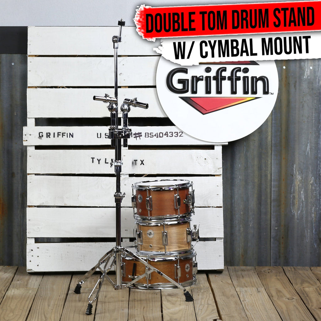 Double Tom Drum Stand with Cymbal Arm by GRIFFIN | Drummers Percussion Set Hardware with Dual Drum Mounts | Medium Duty Tom Holder with Double Braced Tripod Legs | Accommodates All Standard Cymbals GeekStands.com
