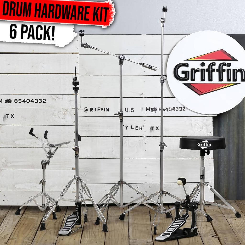 Complete Drum Hardware Pack 6 Piece Set by GRIFFIN | Full Size Percussion Stand Kit with Snare, Hi-Hat, Cymbal Boom, Throne Stool & Single Kick Drum Pedal | Lightweight and Portable, Perfect for Gigs GeekStands.com