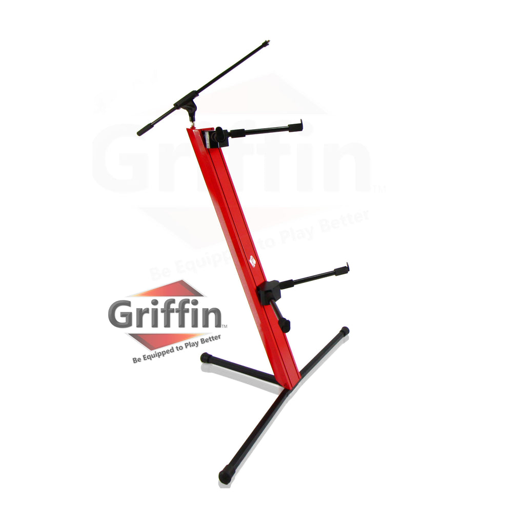 2-Tier Column Keyboard Stand with Mic Boom Arm by GRIFFIN - Double Sliding Multi Mounting Platform Red Stage Tower Rack - Holder for Digital Piano GeekStands.com