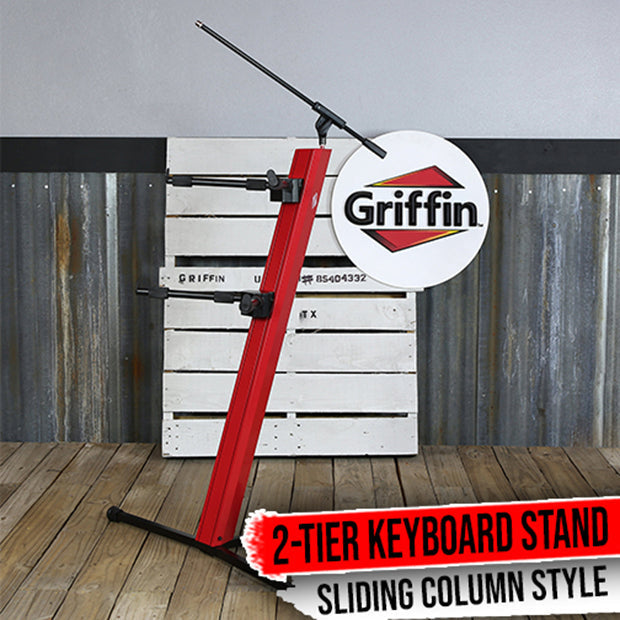 2-Tier Column Keyboard Stand with Mic Boom Arm by GRIFFIN | Double Sliding Multi Mounting Platform Red Stage Tower Rack | Holder for Digital Piano, Turntable, DJ Audio Gear, Studio Laptop Synthesizer GeekStands.com