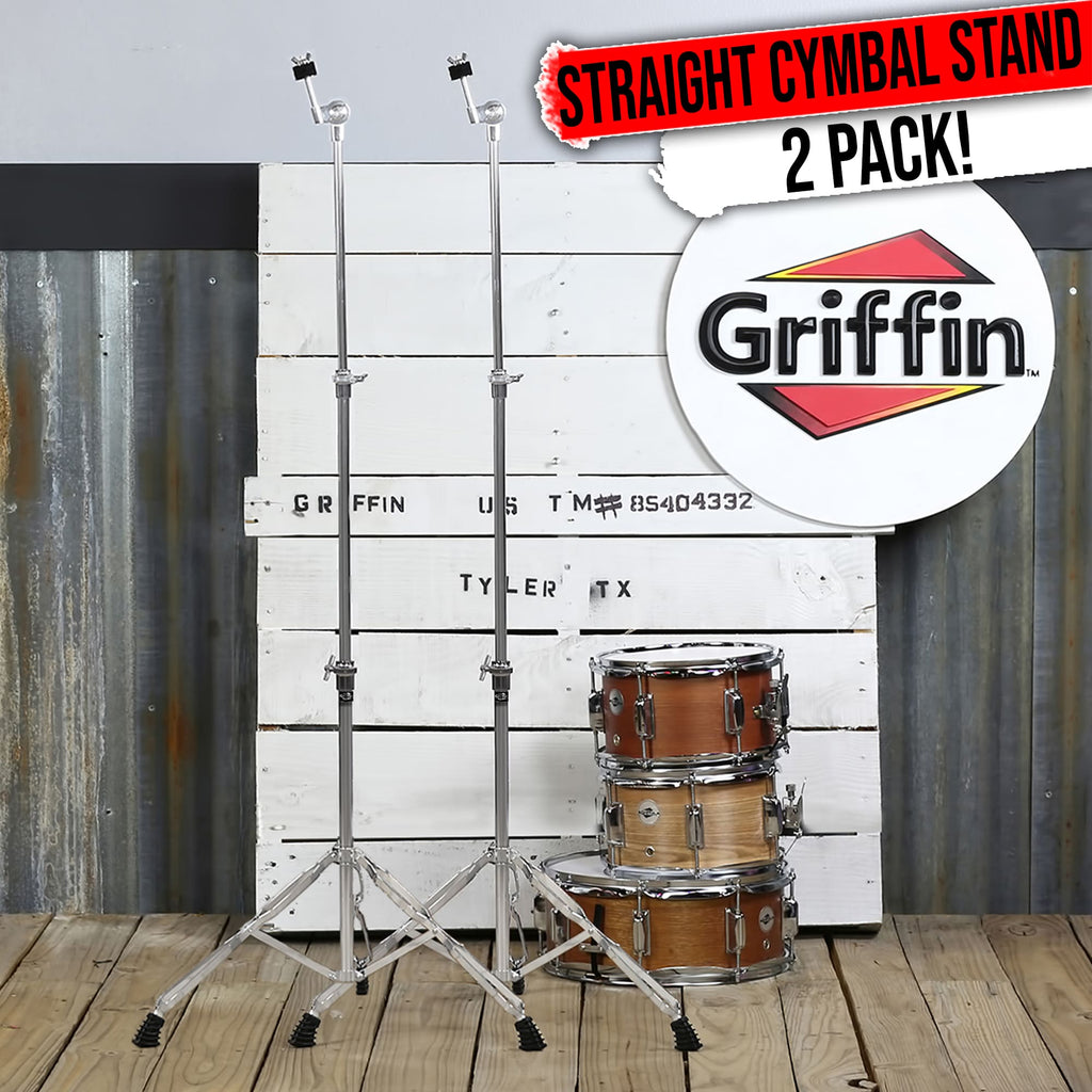 Straight Cymbal Stand (2 Pack) by GRIFFIN | Double Braced Legs, Slip-Proof Gear Holder | Light-Duty for Mobile Drummers | Percussion Drum Hardware Set for Mounting Crash, Ride & Splash Cymbals GeekStands.com