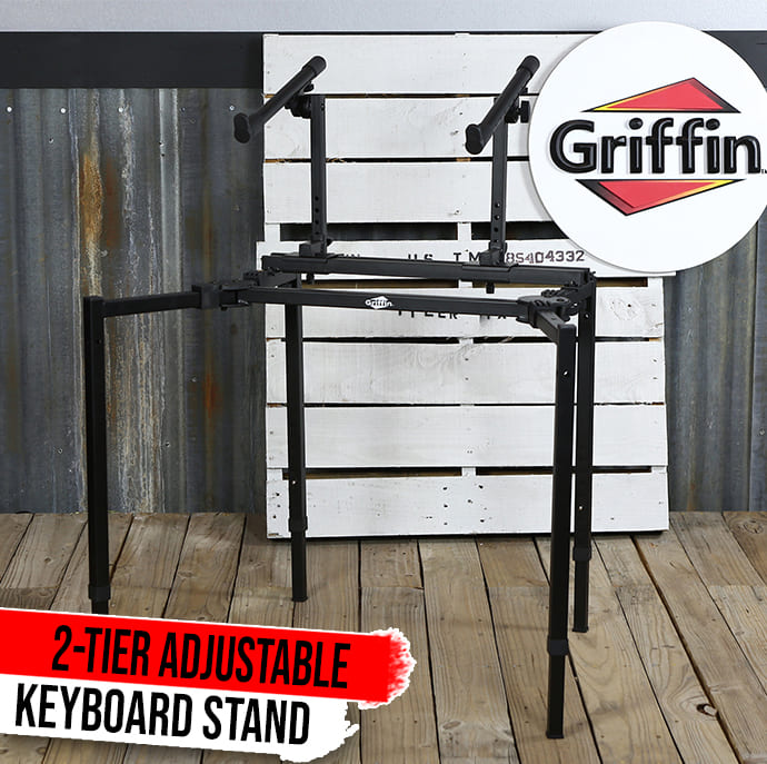 Double Piano Keyboard & Laptop Stand by GRIFFIN | 2 Tier/Dual Portable Studio Mixer Rack for Turntables, DJ Coffins, Speakers, Digital Audio Gear & Music Equipment | Folding Stage Mount Multi Platform GeekStands.com