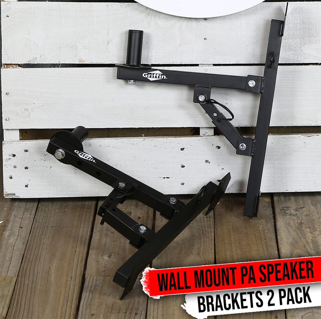 Premium PA Speakers Wall Mount Brackets By GRIFFIN | Set Of 2 All Steel Pro-Audio Speaker 35mm Pole Holder | Securing Locking Pin & 3 Horizontal Level Tilt Adjustments | On Stage Studio Monitor Stands GeekStands.com