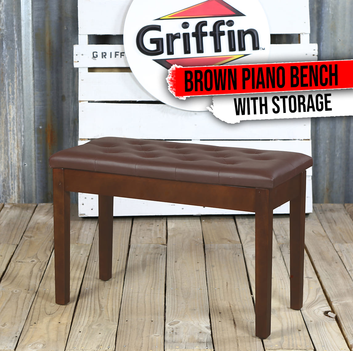 GRIFFIN Brown Wood PU Leather Piano Bench | Double Vintage Design, Ergonomic Chair Musicians Keyboard Stool | Cushion Duet Seat & Sheet Music Storage Space | For Guitar Stool or Home Vanity Bench GeekStands.com