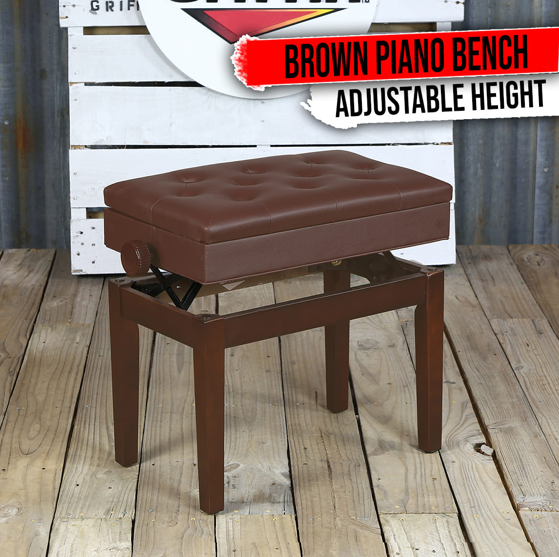 Adjustable Piano Brown PU Leather Bench by GRIFFIN | Vintage Stylish Design, Heavy-Duty & Ergonomic Keyboard Stool | Comfortable Seat & Convenient Hidden Storage Space Perfect For Home & Professional GeekStands.com