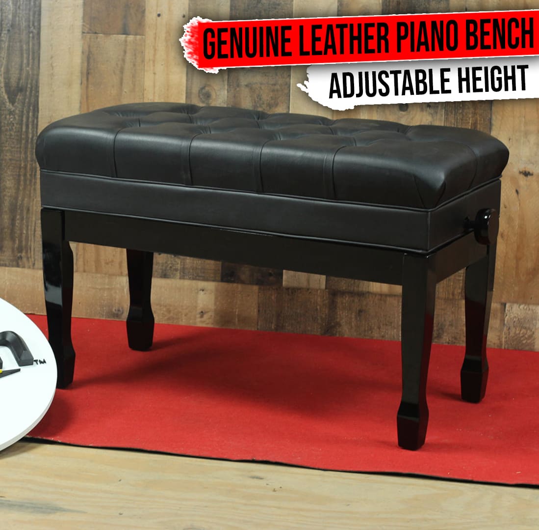 GRIFFIN Genuine Leather Piano Bench | Oversize Duet Vintage Black Solid Wood & Ergonomic Keyboard Stool | 2 Person Cushion Seat & Sheet Music Book Storage Space | Guitar Musicians Chair & Vanity Bench GeekStands.com