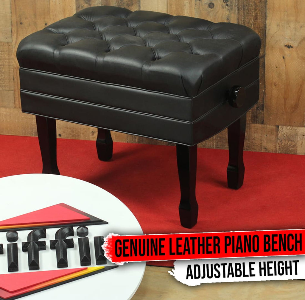 Genuine Leather Adjustable Piano Bench by GRIFFIN | Black Solid Wood Vintage Style & Heavy-Duty Ergonomic Keyboard Stool | Cushion Seat With Storage Space | Home Vanity Bench or Musicians Guitar Chair GeekStands.com
