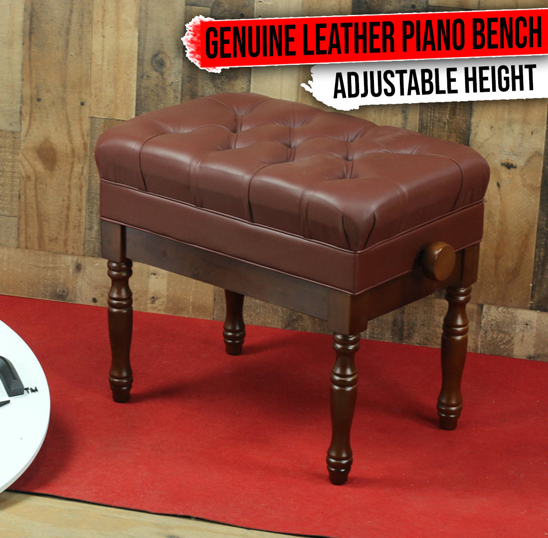 Genuine Leather Adjustable Piano Bench by GRIFFIN | Brown Solid Wood Vintage Design, Heavy-Duty & Ergonomic Keyboard Stool | Comfortable Seat With Storage Space Perfect For Home & Professional Use GeekStands.com