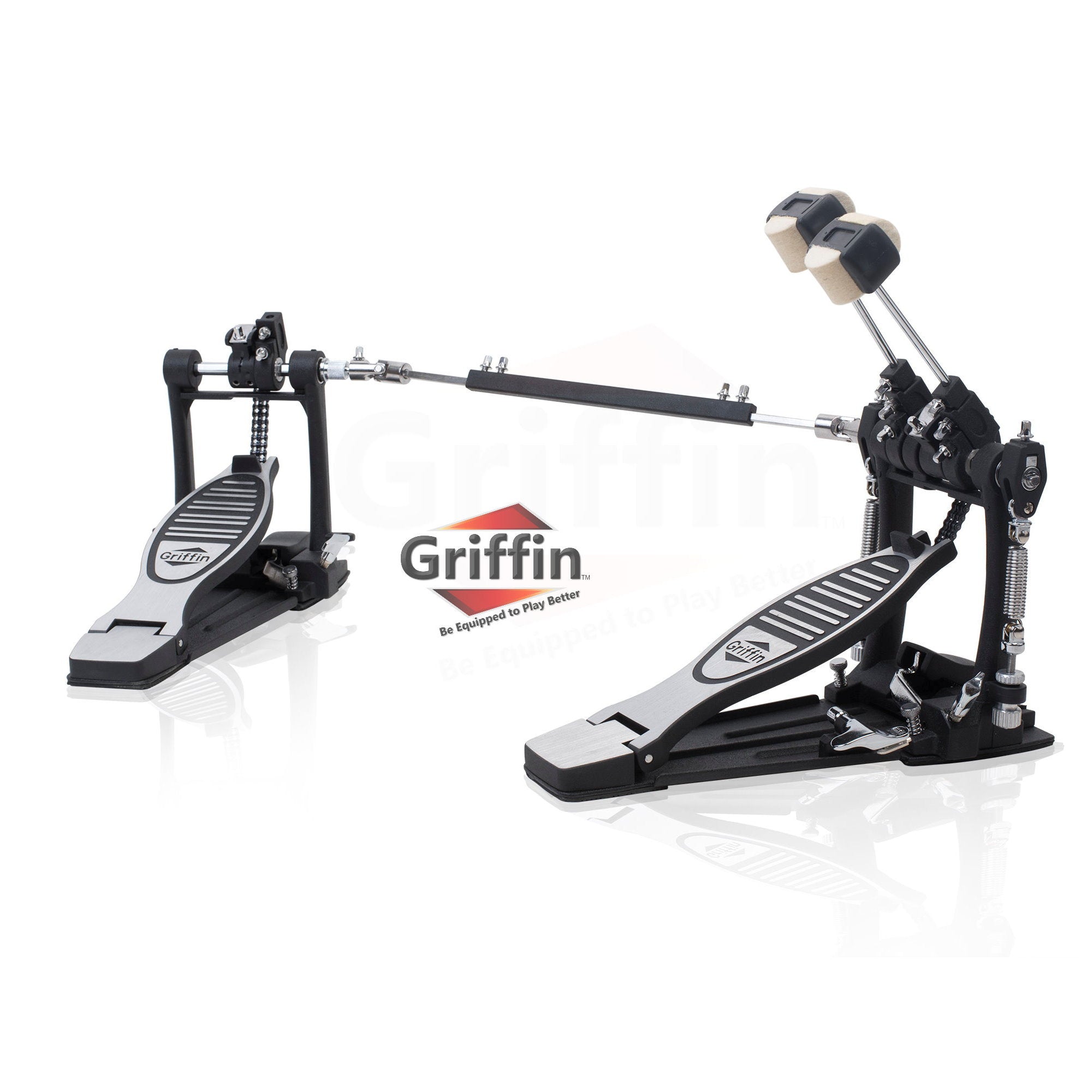 Double Kick Drum Pedal for Bass Drum by GRIFFIN - Deluxe Twin Set Foot Pedal - Quad Sided Beater Heads - Dual Pedal Two Chain Drive Hardware GeekStands.com