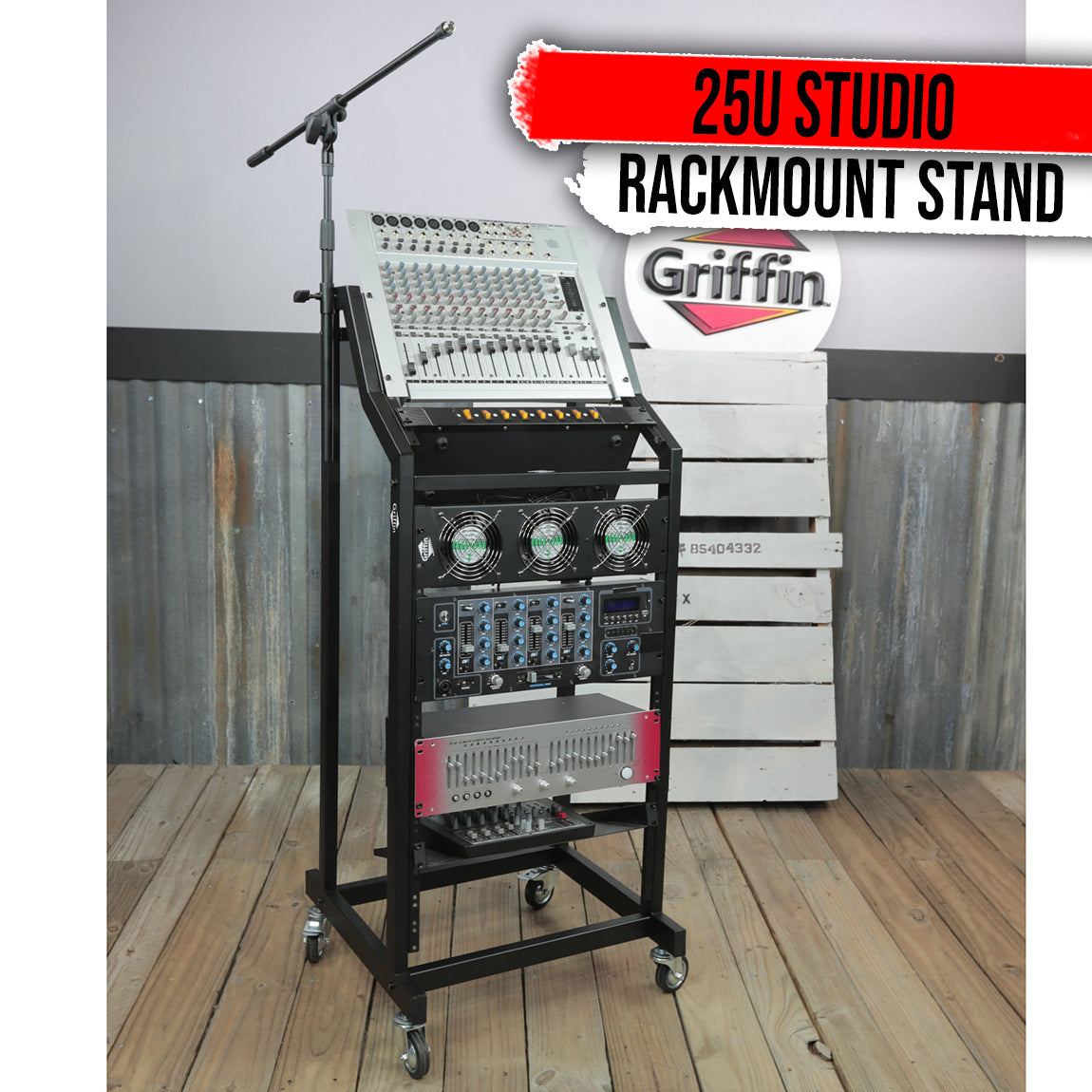 GRIFFIN Rack Mount Cart Stand & Top Mixer Platform 25U | Rolling Music Studio Booth Case Holder | Pro Audio Recording Cabinet Mount Rails | Sound Stage Equipment DJ Gear Display for Amplifier, Effects GeekStands.com