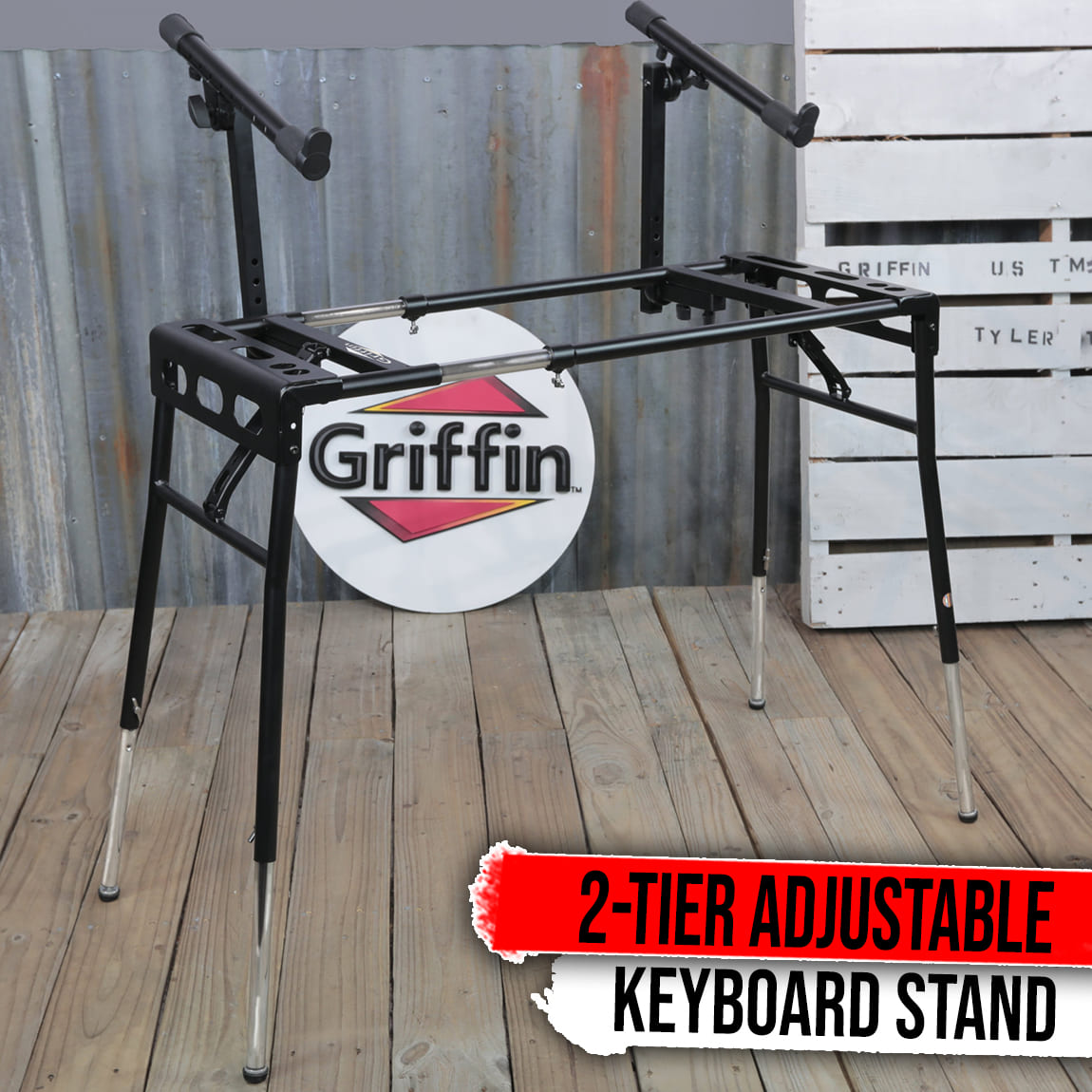 GRIFFIN 2-Tier DJ Coffin Workstation Stand | Double Table Top Keyboard & Laptop Holder | Digital Piano Rack Mount Platform for Studio Mixer Controllers, Turntable, Speakers, & Stage Equipment GeekStands.com