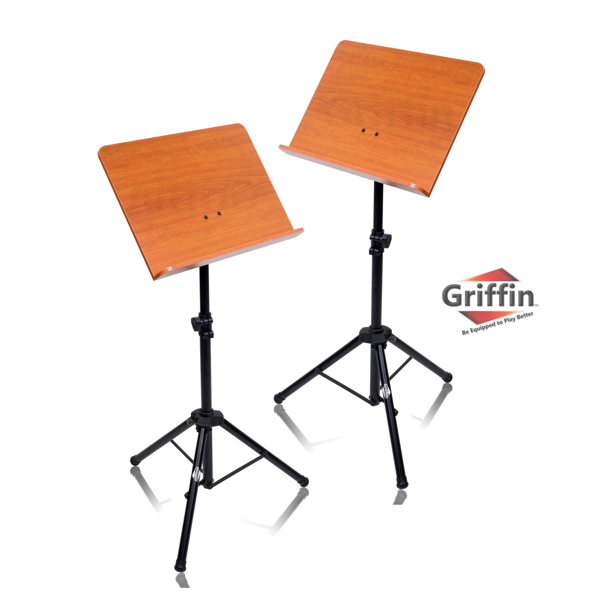 Wood Music Stand (2 Pack) by GRIFFIN | Deluxe CONDUCTOR Sheet Holder with Metal Tripod Folding Legs | For Stage Performance, Pro Audio Recording Studio, Music Schools, DJs, Bands, Churches GeekStands.com