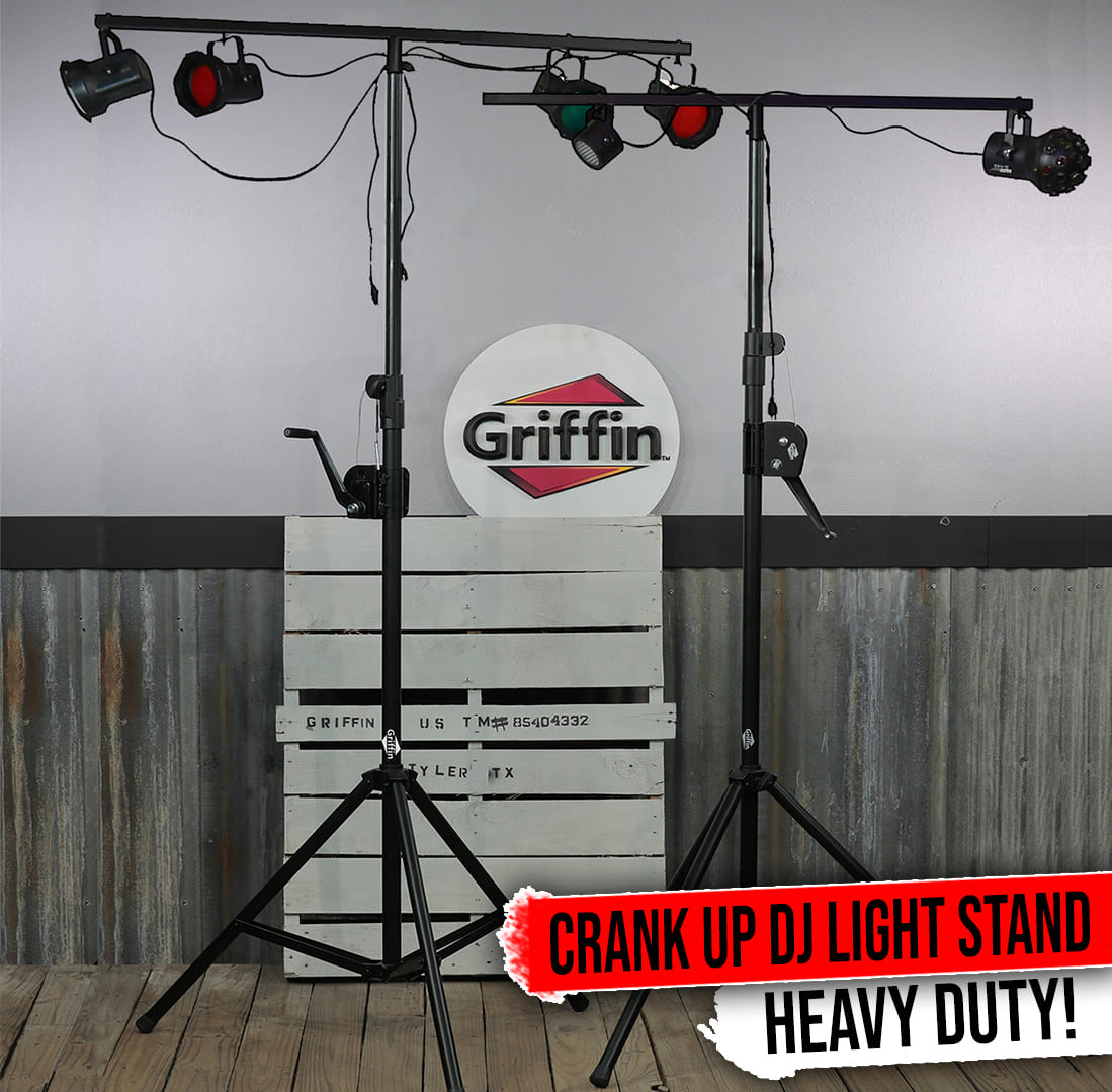 DJ Light Stands (2 Pack) Stage Lighting Truss System by GRIFFIN | Hand Crank Up Portable Speaker Tripod Platform Rig | Adjustable Trussing Kit | T Bar Mount for Can Lights | Music Equipment Package GeekStands.com