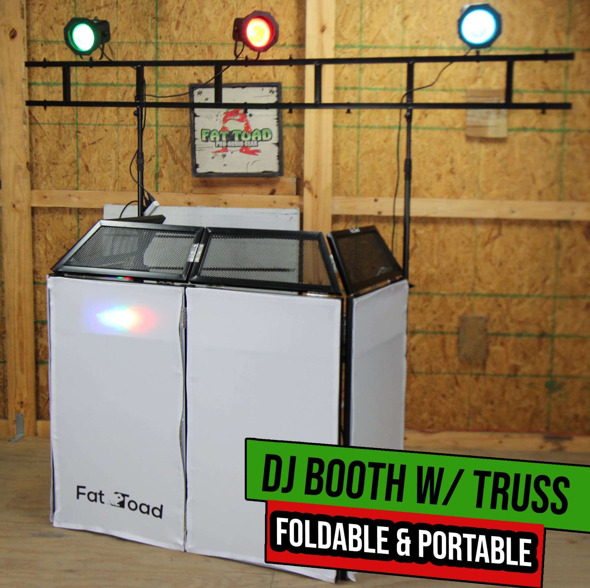 DJ Booth Tabletop With 8FT Lighting Truss Stand Package by FAT TOAD | Foldable Panel Portable Stage Platform Facade White Scrim Cover | Video Light Projector Display Workstation For Sound System Event GeekStands.com